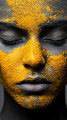 Wall Mural -  A close-up of a woman with yellow and black paint on her face, her eyes closed