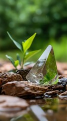 Poster -  A glass disk atop a water puddle holds center stage for a plant's growth