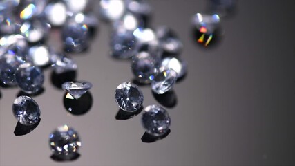 Poster - Diamonds rotating on black background, crystals, beautiful shining brilliants sparkling with colorful caustics, rainbow lights. Moissanite. Zirconia. Diamonds sparkle and shimmer on black 