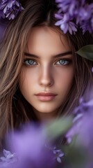 Wall Mural - blue eyes framed by purple floral headband, purple blooms near face