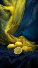 Wall Mural -  A cluster of lemons atop a table, adjacent to a blue and yellow fabric