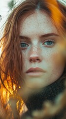 Wall Mural -  A tight shot of a woman with freckles dotting her face and hair as she gazes into the camera