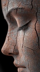 Wall Mural -  A tight shot of a woman's damaged facial feature, showing a distinct crack against a pitch-black backdrop