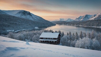 Wall Mural - Watercolor winter landscape, Norway-inspired