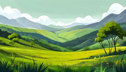 Organic Green Landscape Abstract Design Featuring Rolling Hills and Mountains