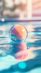 Wall Mural -  A tight shot of a water ball in a pool's center, background featuring a hazy building