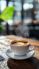 Sticker -  A steaming cup of coffee on a saucer, set against a wooden table Background features an upright plant, releasing tendrils of steam