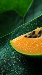 Wall Mural -  A tight shot of a juicy fruit segment on a green leaf, adorned with water droplets, against a backdrop of lush foliage