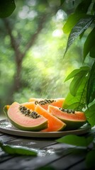 Sticker -  A tight shot of a table laden with fruits, a leafy tree in the background