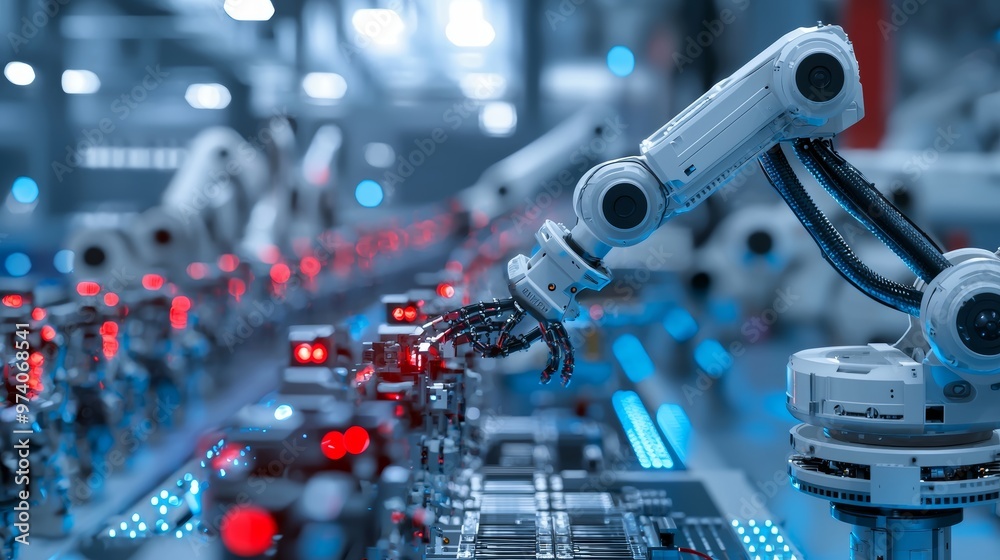 Robotic arms on an automated assembly line in an advanced manufacturing ...
