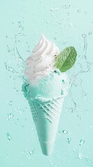 Wall Mural -  An ice cream cone topped with a green leaf and dripping with water at the base