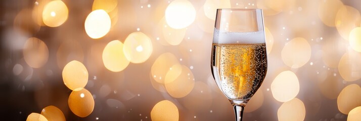  A glass of champagne on a table, surrounded by a softly blurred backdrop of twinkling lights