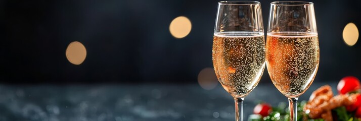  Two champagne glasses atop a table, near a plate of food and a bottle of wine