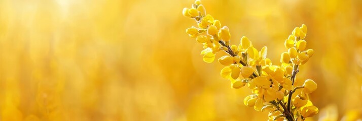 Poster -  A tight shot of a plant displaying yellow blooms against a softly blurred backdrop of grass and similar-hued flowers