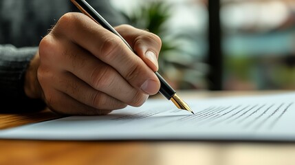 a closeup shows a hand signing a document with a fountain pen, capturing the formality of the moment