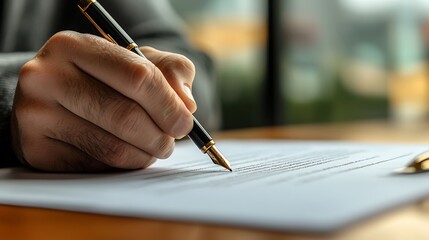 A hand holds a fountain pen, signing a document with precision, a moment of importance.