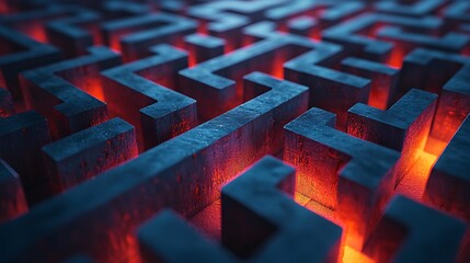 An abstract metal maze glows red, its complexity illuminated with a sense of mystery and intrigue.