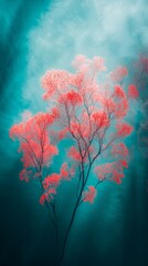 Poster -  A tree with red flowers in the foreground, a blue sky above with white clouds in the background