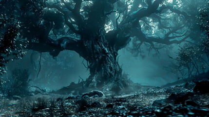 The photo shows a dark and mysterious forest with a large tree in the center.