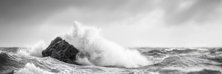 Wall Mural -  A monochrome image of a solitary rock in the heart of the ocean, as a massive wave collides against it