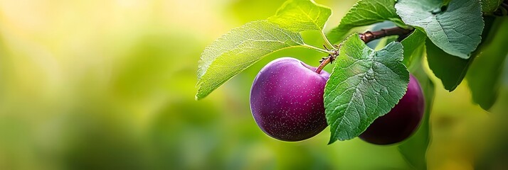  Two plums suspended from a tree branch with verdant leaves against a radiant backdrop