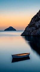 Canvas Print -  A boat floats above tranquil water beside a towering ocean rock