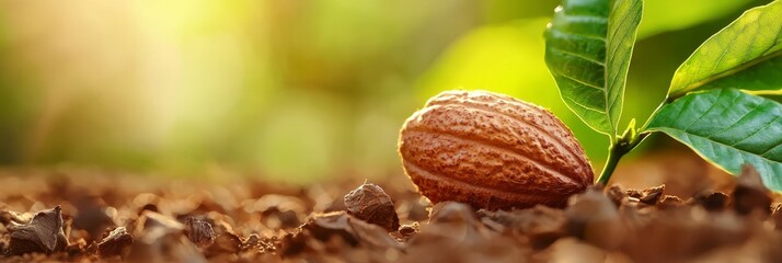 Canvas Print -  A tight shot of a nut on the ground, its shell contrasting with a green leaf situated nearby