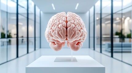 A human brain model sits on a pedestal in a modern office, a symbol of knowledge and innovation.