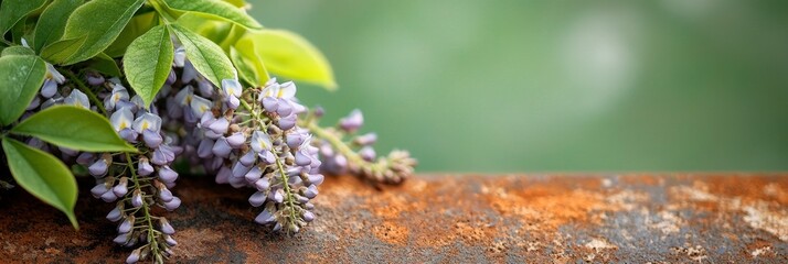 Canvas Print -  A group of purple flowers atop a weathered metal piece, adjacent to a green, leafy plant