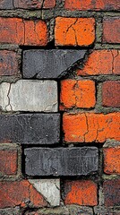 Sticker -  Close-up of a cracked brick in the middle of a brick wall with a white arrow painted on it