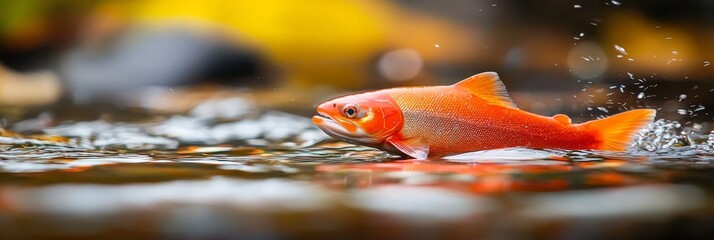  A tight shot of a fish submerged in water, with droplets cascading from its flank