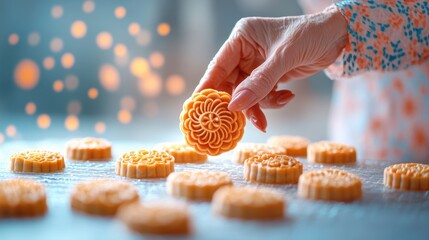 A close up of a grandmother hands preparing mooncakes, passing on the tradition to her grandchildren.