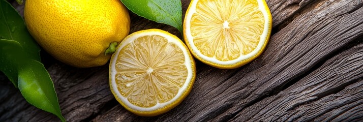  A collection of lemons atop a weathered wood table, adjacent to a lush green plant with foliage