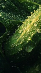 Poster -  A tight shot of a verdant plant with dewdrops on its foliage, foreground populated by lush leaves