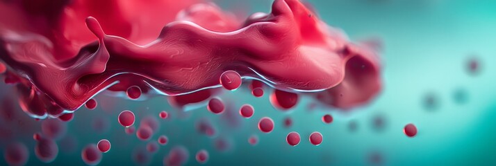 Wall Mural -  A tight shot of a red material against a backdrop of blue and green, featuring water droplets at image's base