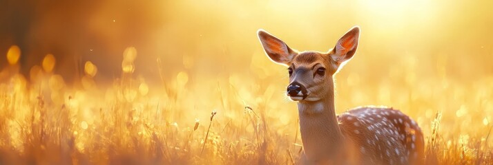 Wall Mural -  A deer in a field, surrounded by tall grass Sunlight illuminates its head and ears