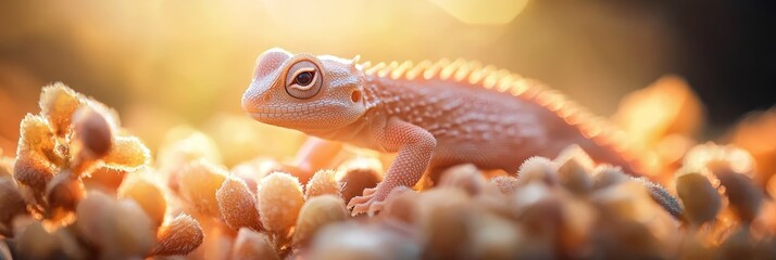 Wall Mural -  A tight shot of a gecko perched on a plant, with the sun casting bright rays behind, while the backdrop softly blurs