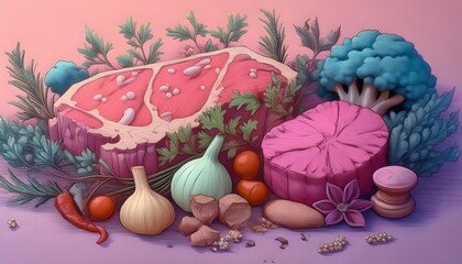 Wall Mural - 3D render of meat, vegetables, bell peppers, tomatoes, onions, garlic and herbs in cute low polygon shapes in pastel colors.