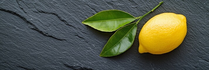 Wall Mural -  A tight shot of a lemon and its attached leaf against a black backdrop, with a minimal pool of water nearby