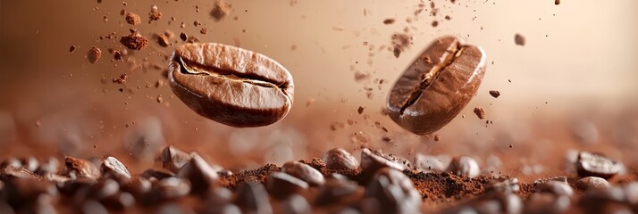  Two coffee beans fall onto a stack of coffee beans Each stack consists of a single pile of beans