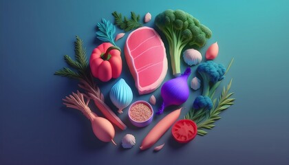 Wall Mural - 3D render of meat, vegetables, bell peppers, tomatoes, onions, garlic and herbs in cute low polygon shapes in pastel colors.