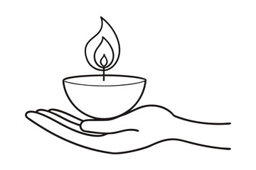 Line Drawing of Diya Lamp on Palm for Diwali Design Minimalist Festive Art