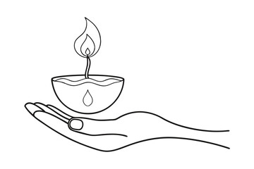 Line Drawing of Diya Lamp on Palm for Diwali Design Minimalist Festive Art