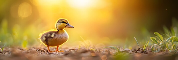 Wall Mural -  A tight shot of a duck among grassy foliage, sun filtering through tree branches behind