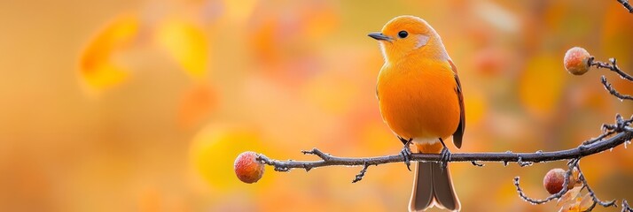 Canvas Print -  A small orange bird sits on a tree branch, bearing fruit in the foreground, while the background softly blurs