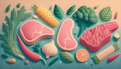 Wall Mural - 3D render of meat, vegetables, bell peppers, tomatoes, onions, garlic and herbs in cute low polygon shapes in pastel colors.