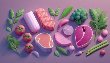 Wall Mural - 3D render of meat, vegetables, bell peppers, tomatoes, onions, garlic and herbs in cute low polygon shapes in pastel colors.