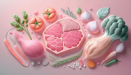 Wall Mural - 3D render of meat, vegetables, bell peppers, tomatoes, onions, garlic and herbs in cute low polygon shapes in pastel colors.