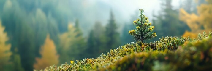 Wall Mural -  A small pine tree crowns a verdant hillside, overlooking a dense forest teeming with numerous trees