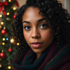 Wall Mural - Close-up of an African woman looking at the camera celebrating Christmas, Model, Christmas background, Christmas tree and lights in the background, Night time